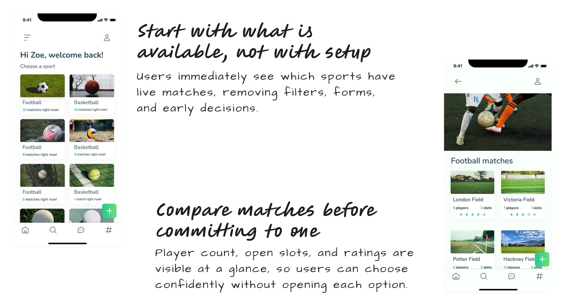 Sporty app screen showing onboarding and sport selection
